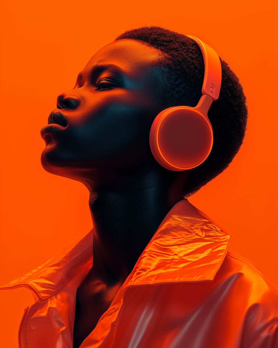 Ein afrikanischer Teenager trägt einen neonorangefarbenen Kopfhörer und ein passendes orangefarbenes Hemd. Sie steht seitlich vor einem neonorangefarbenen Hintergrund.