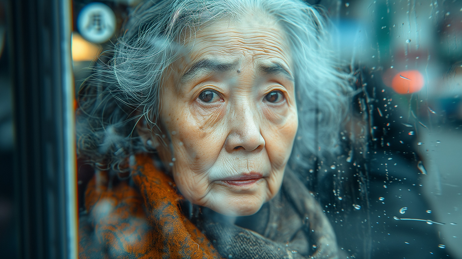 Eine alte asiatische Frau schaut direkt nach vorne durch eine Fensterscheibe, die mit Regentropfen bedeckt ist. Ihr Gesicht ist von Falten gezeichnet und sie hat mittellange graue Haare.